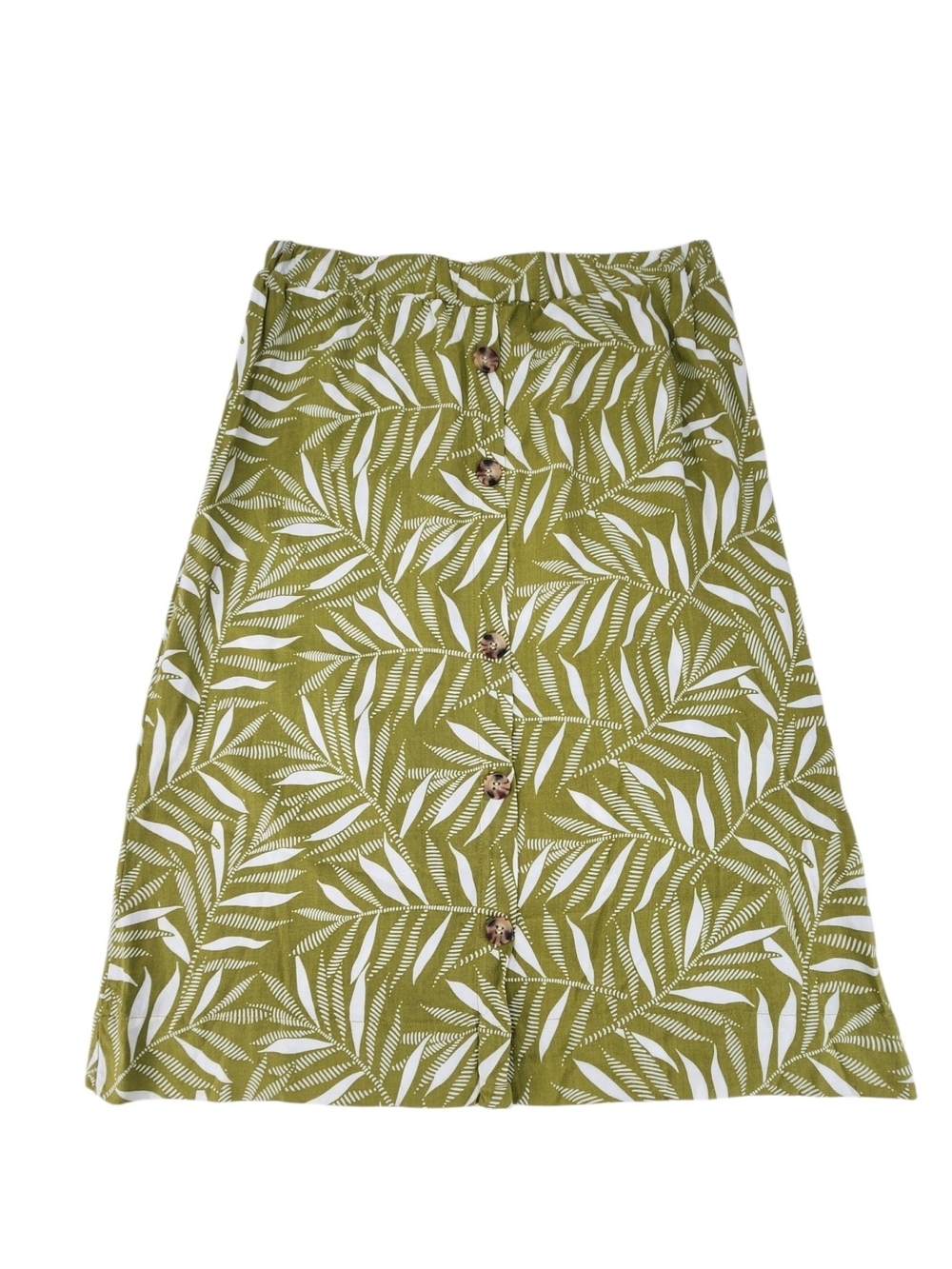 Olive Green Leaf Print Button-Front A-Line Skirt Elastic Waist Boho Resort Flowy